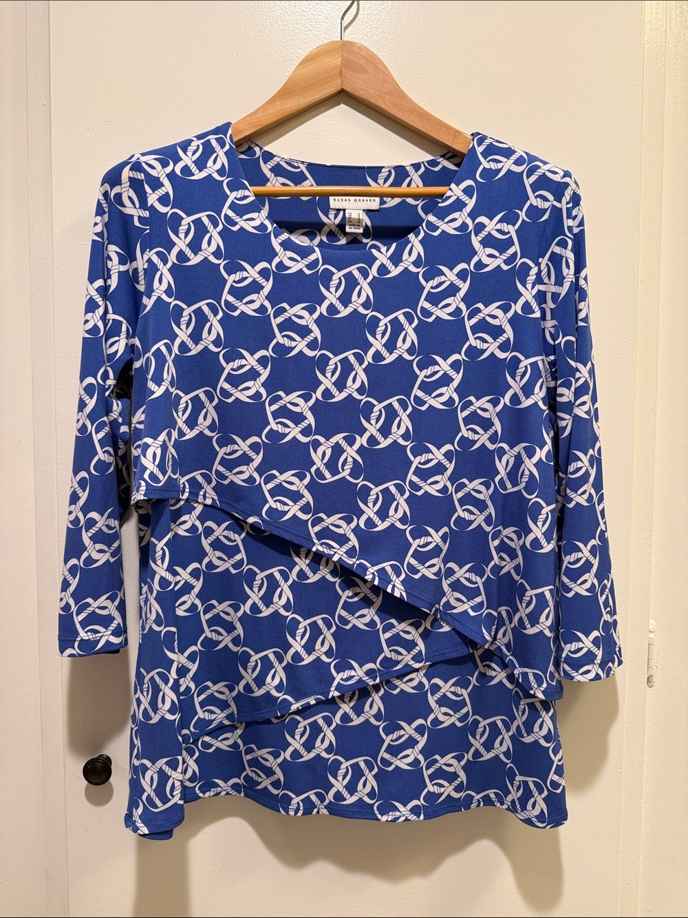 Susan Graver Blue and White Asymmetric Layered Long Sleeve Top